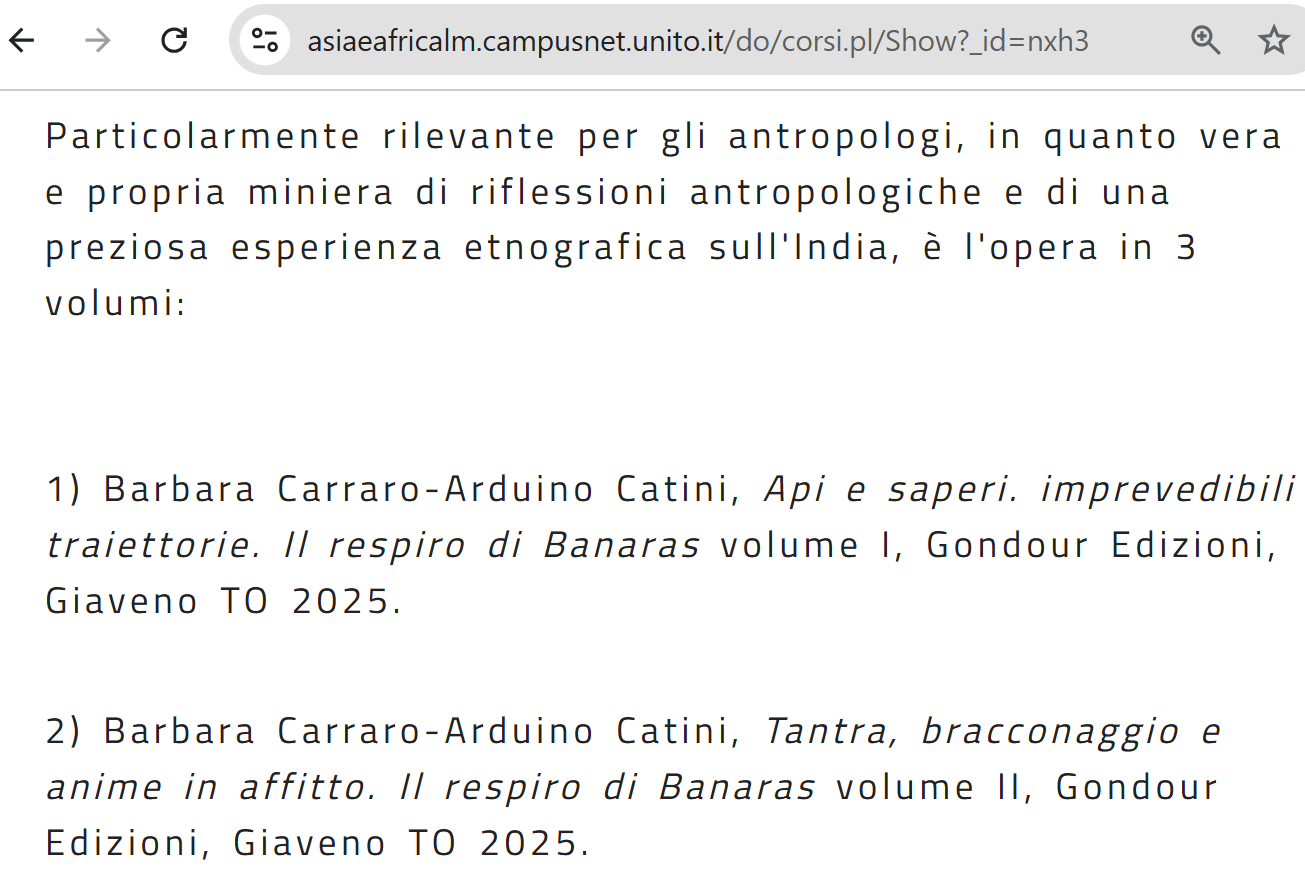 Il respiro di Banaras è fra i testi raccomandati presso l’Università degli studi di Torino (con menzione di particolare&nbsp;rilievo)
